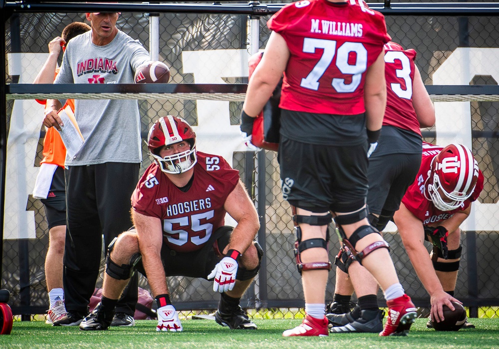 Indiana University's Nick Kidwell (55) during the first day of fall practice at the Mellencamp Pavilion.