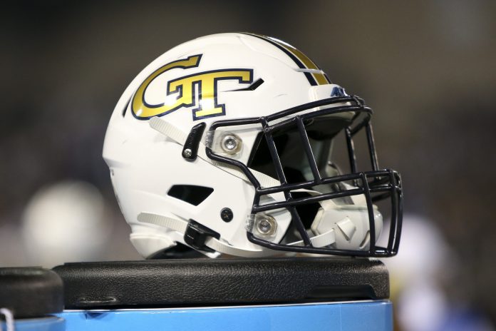 Georgia Tech Yellow Jackets helmet is seen on the sideline in the first half against the North Carolina State Wolfpack at Bobby Dodd Stadium.