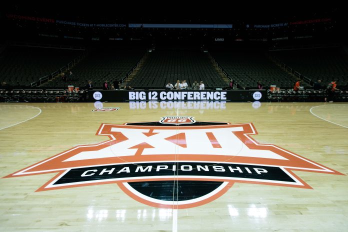 Big 12 Championship logo at center court prior to the game between the UCF Knights and the Oklahoma State Cowboys at T-Mobile Center.