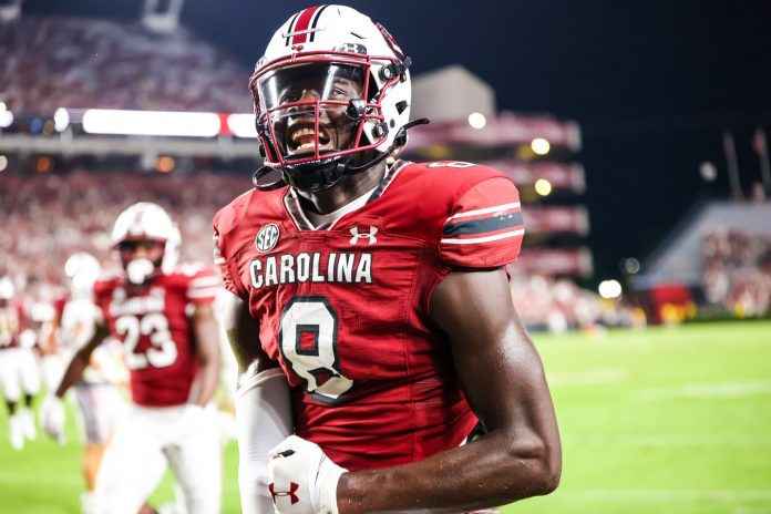 South Carolina Gamecocks wide receiver Nyck Harbor (8) celebrates a touchdown during the third quarter at Williams-Brice Stadium.