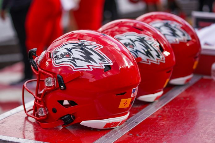 A gneveral view of New Mexico Lobos helmets during game against the Wyoming Cowboys at Jonah Field at War Memorial Stadium.