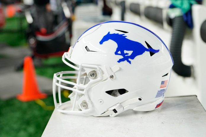 A general view of an SMU Mustangs helmet during the second half against the Temple Owls at Lincoln Financial Field.