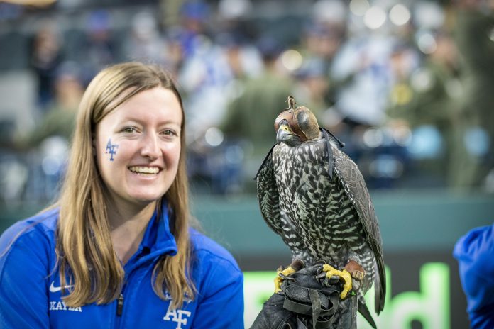 Nov 6, 2021; Arlington, Texas, USA; A view of the Air Force mascot during the first half of the game between the Army Black Knights and the Air Force Falcons at Globe Life Park. Mandatory Credit: Jerome Miron-USA TODAY Sports