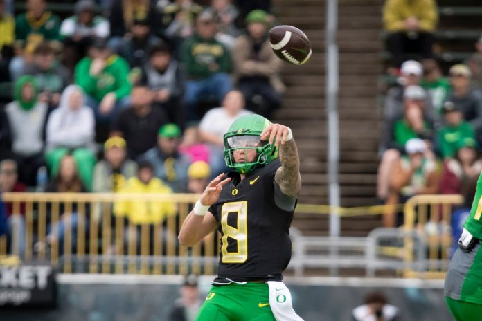 Oregon quarterback Dillon Gabriel throws the ball during the Oregon Ducks’ Spring Game Saturday, April 27. 2024 at Autzen Stadium in Eugene, Ore.