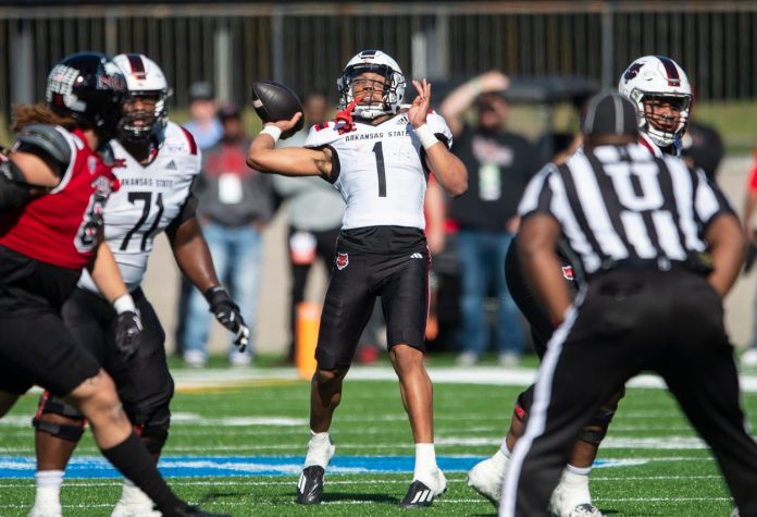 Arkansas State Red Wolves quarterback Jaylen Raynor (1) throws the ball as Arkansas State Red Wolves take on the Northern Illinois Huskies during the Camellia Bowl at Cramton Bowl in Montgomery, Ala., on Saturday, Dec. 23, 2023. Northern Illinois Huskies leads Arkansas State Red Wolves 21-13.