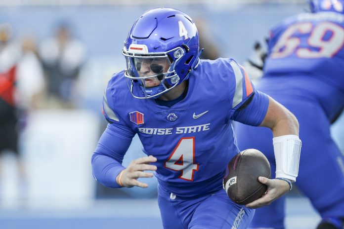 Boise State Broncos quarterback Maddux Madsen (4) during the second half of action versus the UCF Knights at Albertsons Stadium. UCF defeats Boise State 18-16. Mandatory Credit: Brian Losness-USA TODAY Sports