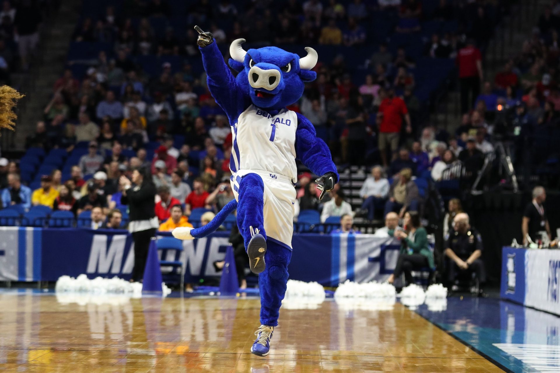 Mar 22, 2019; Tulsa, OK, USA; Buffalo Bulls mascot during the first half of the game against the Arizona State Sun Devils in the first round of the 2019 NCAA Tournament at BOK Center. The Buffalo Bulls won 91-74. Mandatory Credit: Brett Rojo-USA TODAY Sports