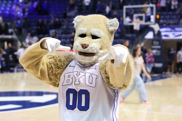 Cosmo the Brigham Young Cougars mascot celebrates a win over the Iowa State Cyclones at Marriott Center. Mandatory Credit: Rob Gray-USA TODAY Sports