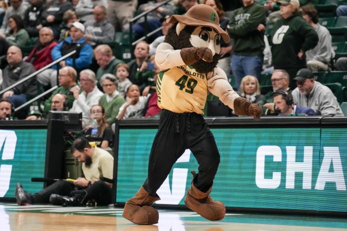 Jan 6, 2024; Charlotte, North Carolina, USA; Charlotte 49ers mascot Norm the Niner during the second half against the Florida Atlantic Owls at Dale F. Halton Arena. Mandatory Credit: Jim Dedmon-USA TODAY Sports