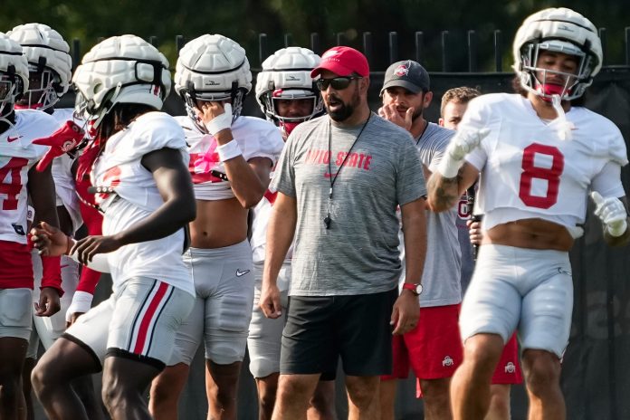 Ohio State Buckeyes head coach Ryan Day oversees football practice at the Woody Hayes Athletic Complex.