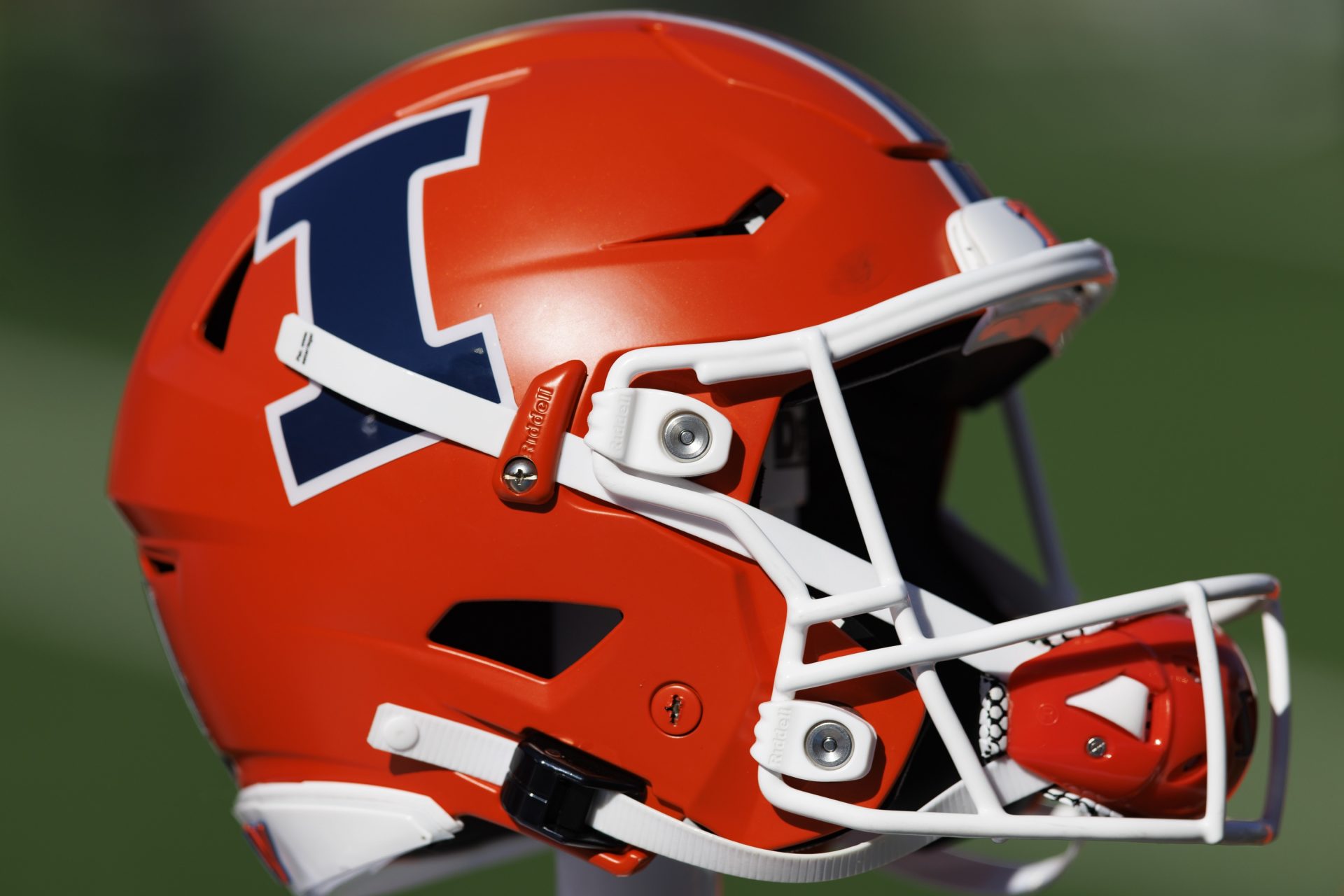 Illinois Fighting Illini helmet during warmups prior to the game against the Wisconsin Badgers at Camp Randall Stadium. Mandatory Credit: Jeff Hanisch-USA TODAY Sports