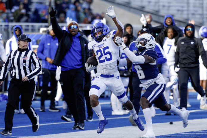 Georgia State Panthers running back Freddie Brock (25) breaks a tackle during the first half against Utah State Aggies at Albertsons Stadium. Mandatory Credit: Brian Losness-USA TODAY Sports