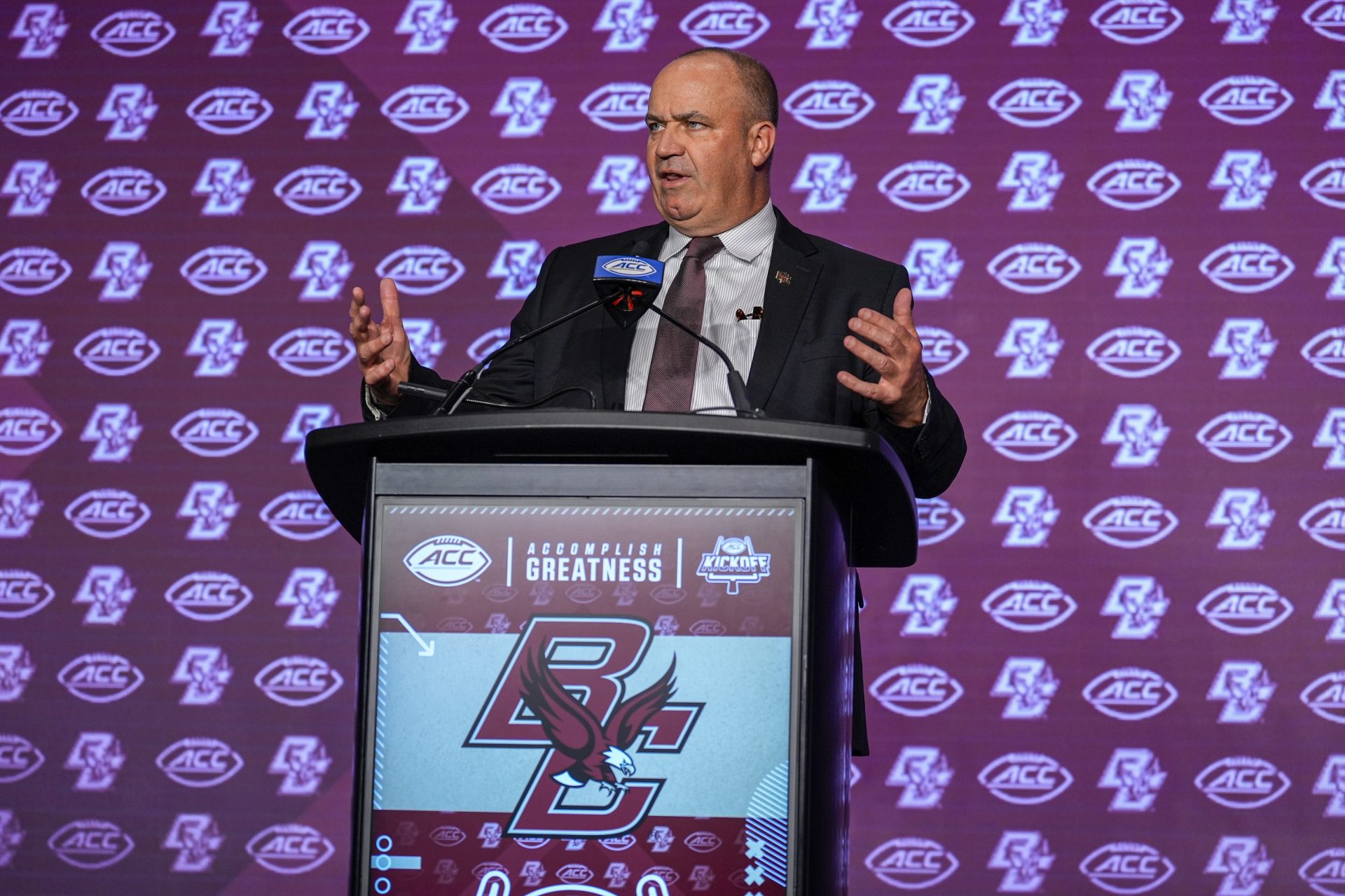 Jul 24, 2024; Charlotte, NC, USA; Boston College Eagles head coach Bill O'Brien talks with the media during the ACC Kickoff at Hilton Charlotte Uptown. Mandatory Credit: Jim Dedmon-USA TODAY Sports