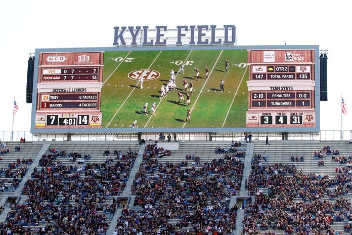 The scoreboard at Kyle Field in the endzone during the second quarter of a game between the Texas A&M Aggies and the Louisiana Monroe Warhawks. Texas A&M Aggies won 21-16. Mandatory Credit: Ray Carlin-USA TODAY Sports