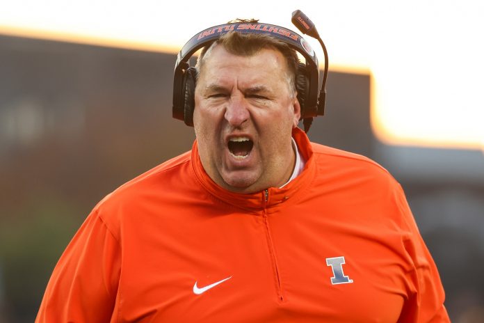 Illinois Fighting Illini head coach Bret Bielema reacts after a call.