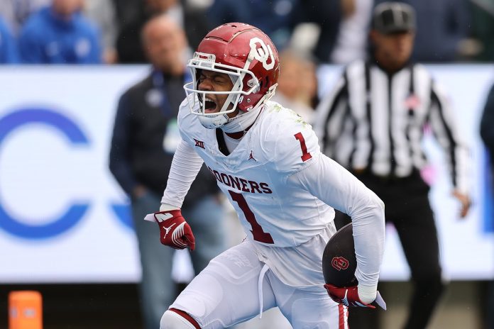 Oklahoma Sooners wide receiver Jayden Gibson (1) reacts to a play against the Brigham Young Cougars in the first quarter at LaVell Edwards Stadium. Mandatory Credit: Rob Gray-USA TODAY Sports