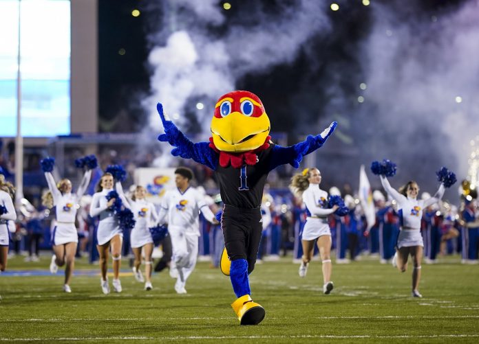 Kansas Jayhawks mascot Big Jay takes the field prior to a game against the Kansas State Wildcats at David Booth Kansas Memorial Stadium. Mandatory Credit: Jay Biggerstaff-USA TODAY Sports