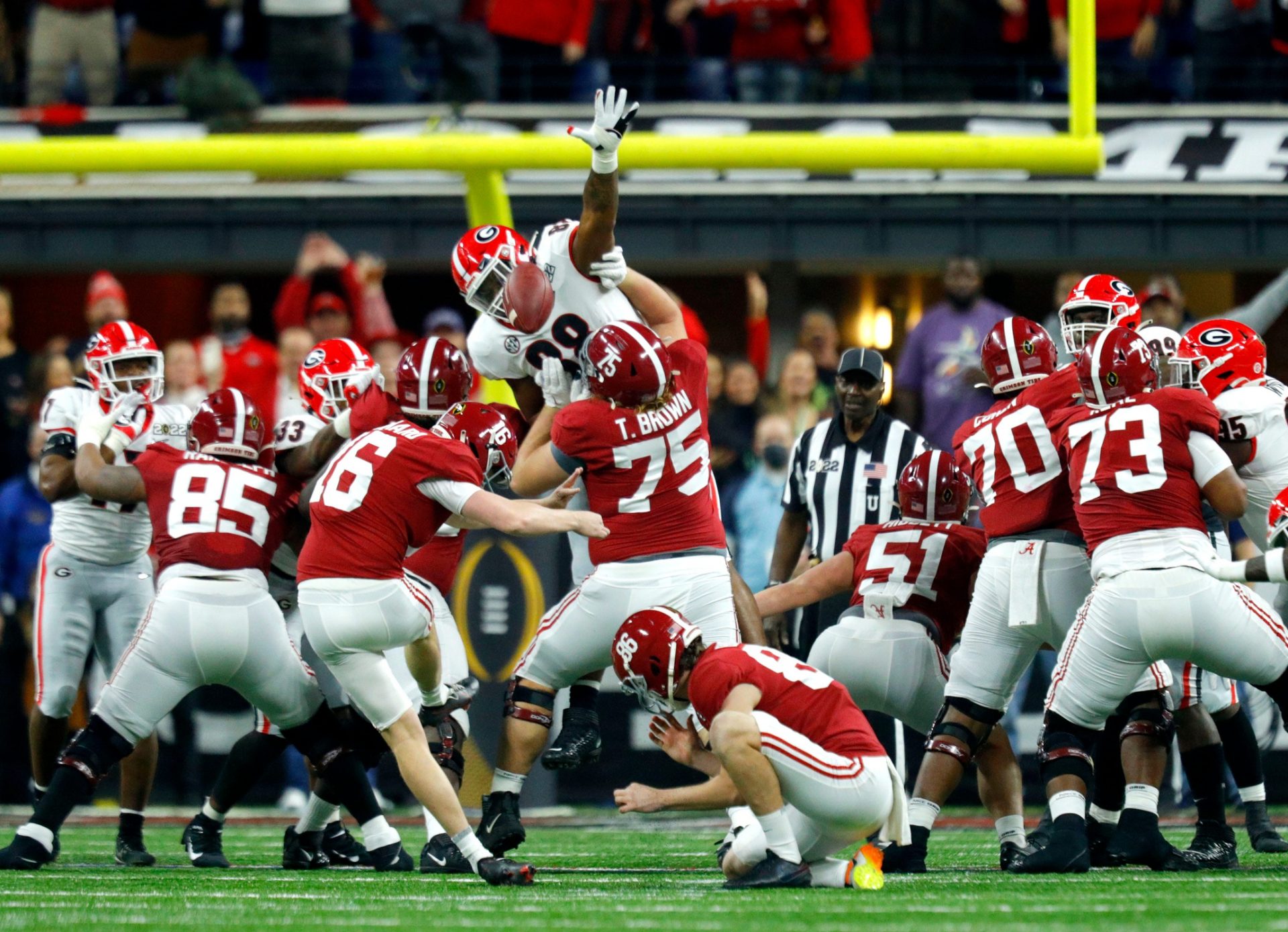 Alabama Crimson Tide place kicker Will Reichard (16) kicks a field goal Monday, Jan. 10, 2022, during the College Football Playoff National Championship against Georgia at Lucas Oil Stadium in Indianapolis.