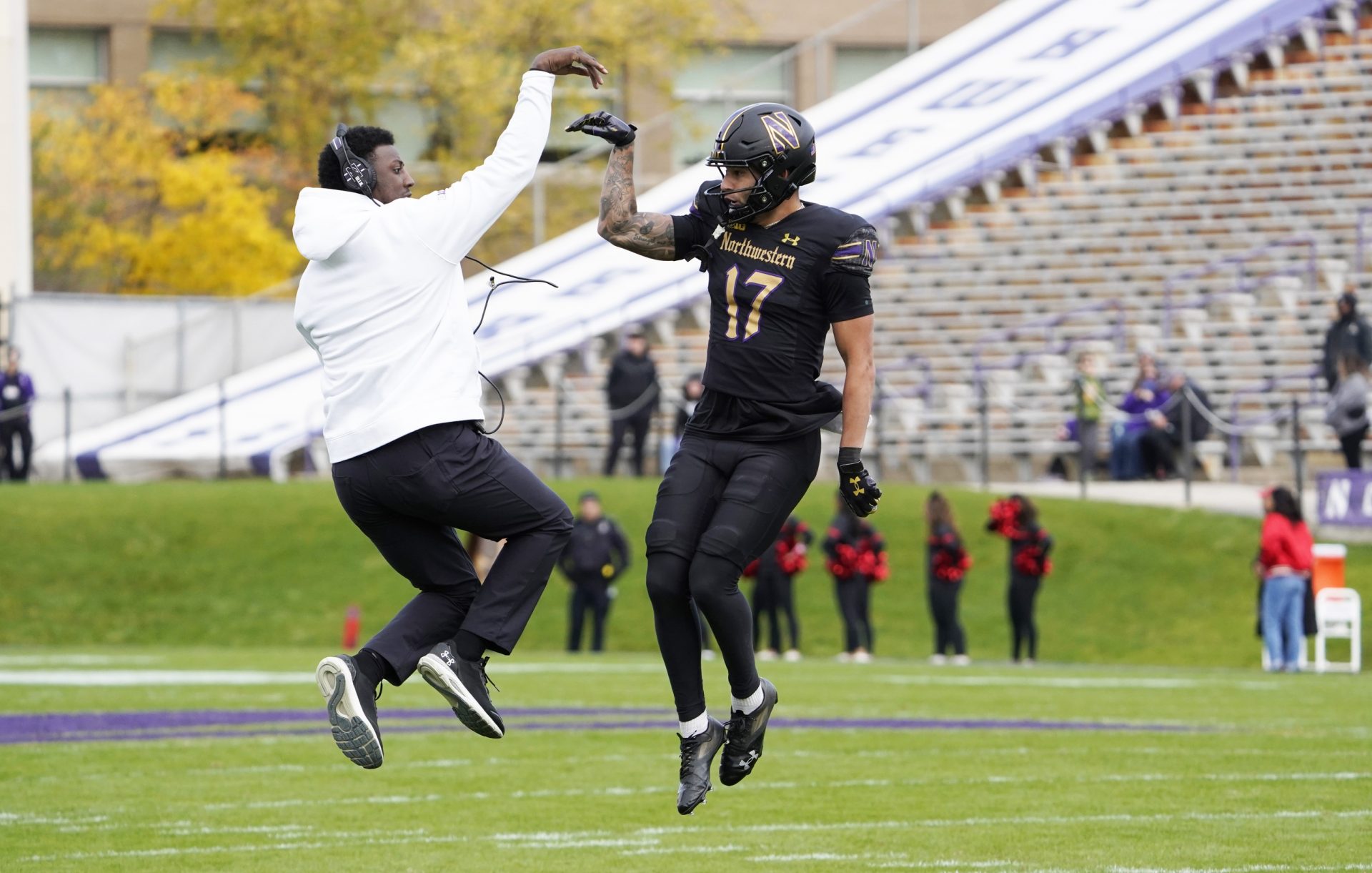 Northwestern Wildcats wide receiver Bryce Kirtz (17) celebrates his touchdown against the Maryland Terrapins during the first half at Ryan Field. Mandatory Credit: David Banks-USA TODAY Sports