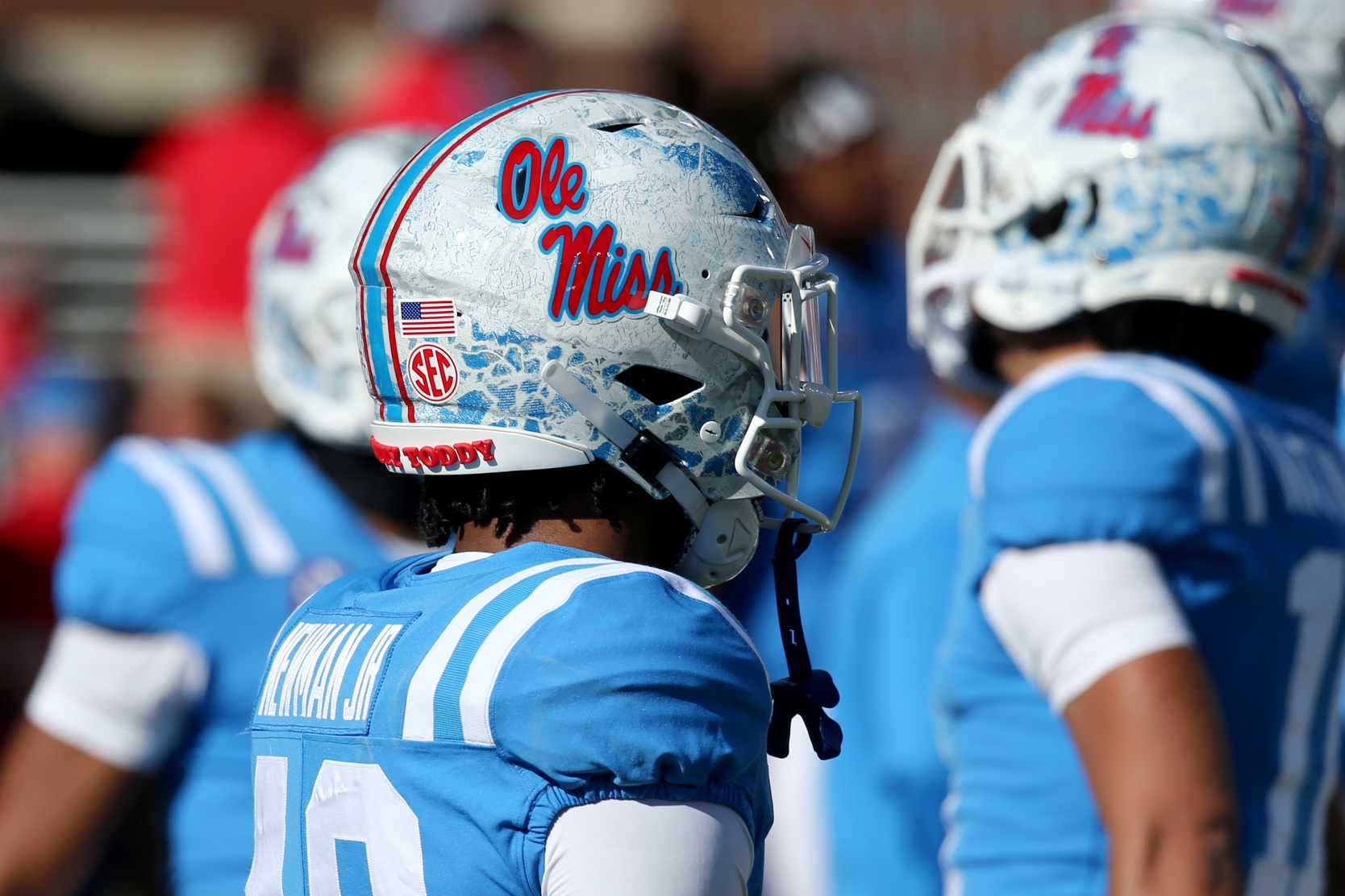 Mississippi Rebels defensive back Daniel Newman (49) wearing the camouflage helmet during warm ups prior to the game against the Texas A&M Aggies at Vaught-Hemingway Stadium. Mandatory Credit: Petre Thomas-USA TODAY Sports