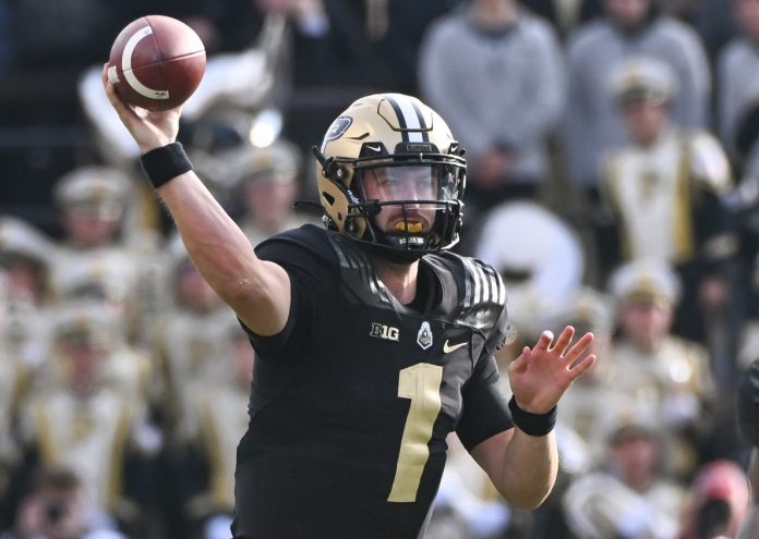 Purdue Boilermakers quarterback Hudson Card (1) throws a pass during the second half at Ross-Ade Stadium. Mandatory Credit: Robert Goddin-USA TODAY Sports