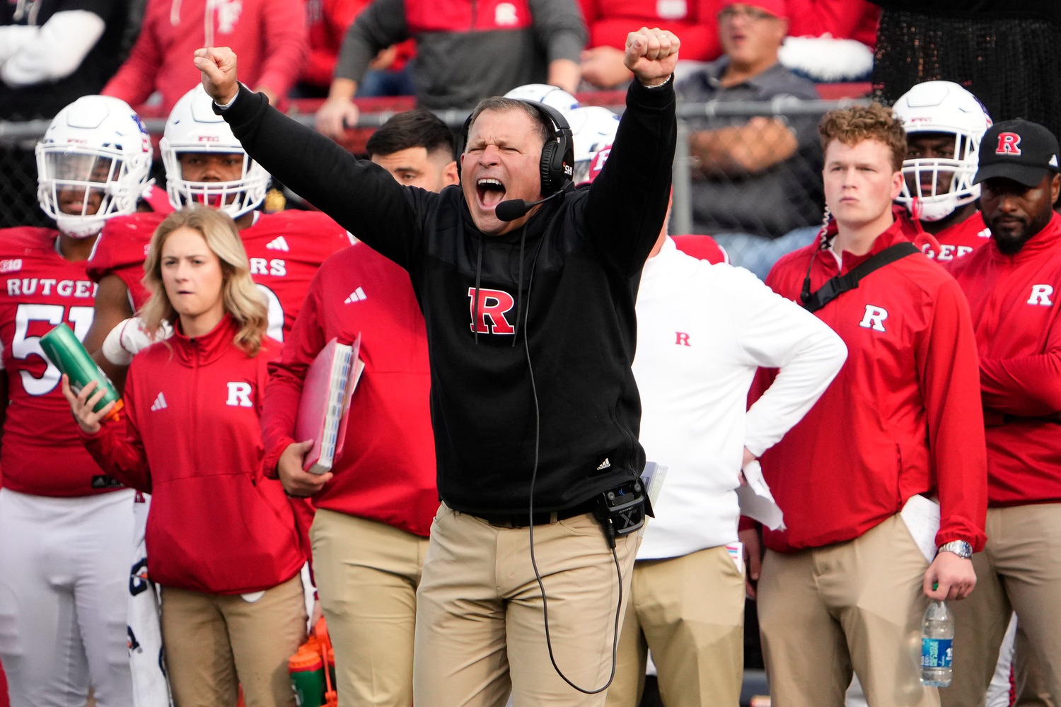 Rutgers Scarlet Knights head coach Greg Schiano motions to his team during the second half of the NCAA football game against the Ohio State Buckeyes at SHI Stadium. Ohio State won 35-16.