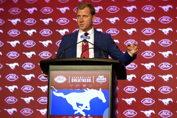 SMU head coach Rhett Lashlee speaks to the media during ACC Kickoff at Hilton Charlotte Uptown. Mandatory Credit: Jim Dedmon-USA TODAY Sports