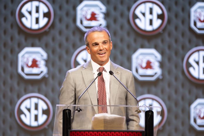 South Carolina head coach Shane Beamer speaking to the media at Omni Dallas Hotel. Mandatory Credit: Brett Patzke-USA TODAY Sports