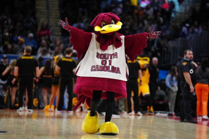 South Carolina Gamecocks mascot Cocky during the 2024 NCAA Tournament Women's Final Four championship game against the Iowa Hawkeyes at Rocket Mortgage FieldHouse. Mandatory Credit: Kirby Lee-USA TODAY Sports