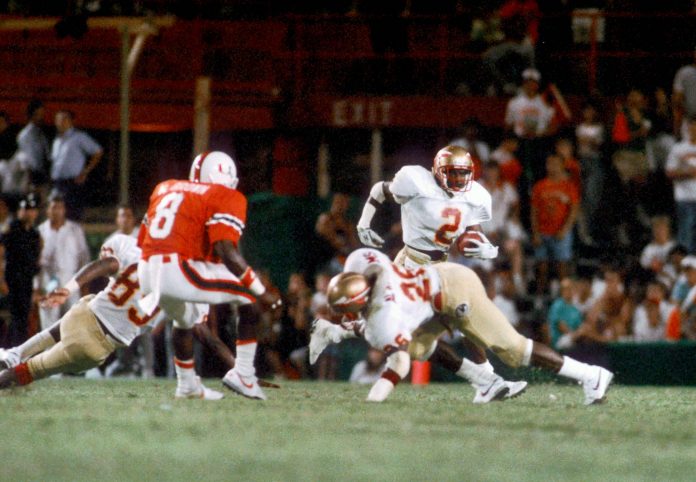 Florida State Seminoles cornerback Deion Sanders (2) in action against the Miami Hurricanes at the Orange Bowl. Miami defeated Florida State 31-0. Mandatory Credit: USA TODAY Sports