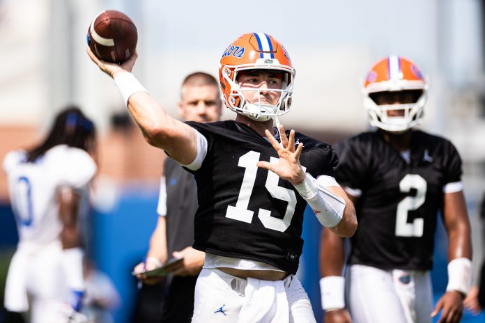 Florida Gators quarterback Graham Mertz (15) throws the ball during fall football practice at Heavener Football Complex at the University of Florida in Gainesville, FL on Wednesday, July 31, 2024. [Matt Pendleton/Gainesville Sun]