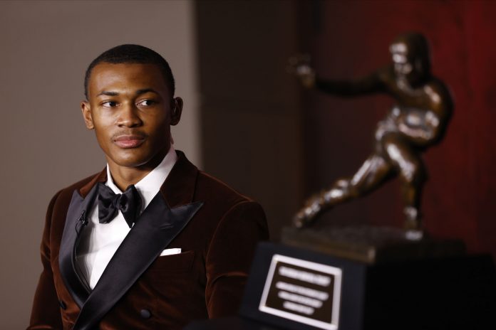 Jan 5, 2021; Tuscaloosa, AL, USA; Alabama Crimson Tide wide receiver DeVonta Smith is announced the winner of the 2020 Heisman Trophy. Mandatory Credit: Kent Gidley/Heisman Trophy Trust via USA TODAY Sports