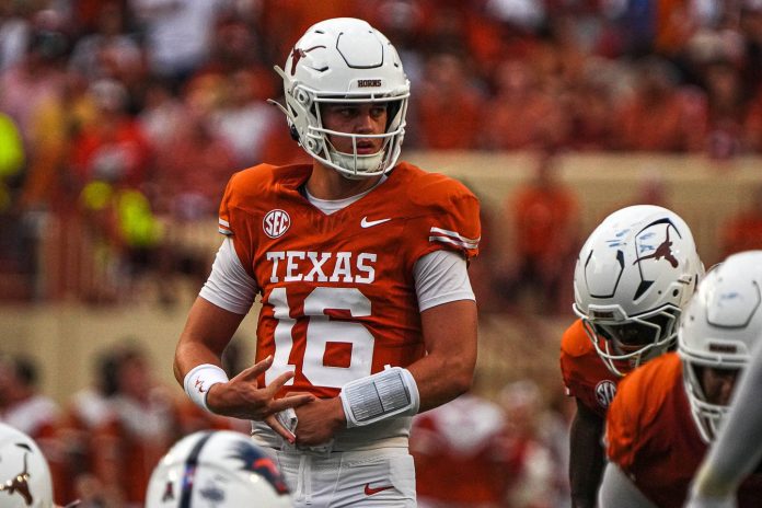 Texas Longhorns quarterback Arch Manning (16) lines up for a snap during the game against UTSA at Darrell K Royal-Texas Memorial Stadium in Austin.