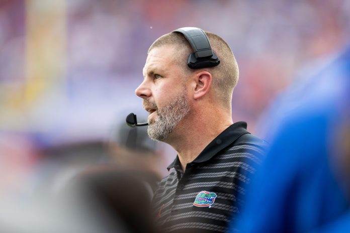 Florida Gators head coach Billy Napier looks on against the Texas A&M Aggies during the first half at Ben Hill Griffin Stadium.