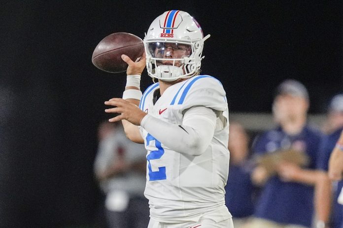 Mississippi Rebels quarterback Jaxson Dart (2) passes during the first half against the Wake Forest Demon Deacons at Allegacy Federal Credit Union Stadium.