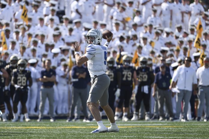 Memphis Tigers quarterback Seth Henigan (9) thtows during the first half against the Navy Midshipmen at Navy-Marine Corps Memorial Stadium.