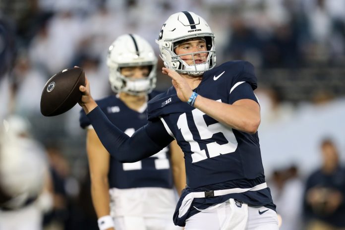 Penn State Nittany Lions quarterback Drew Allar (15) throws a pass during a warmup prior to a game against the Illinois Fighting Illini at Beaver Stadium.