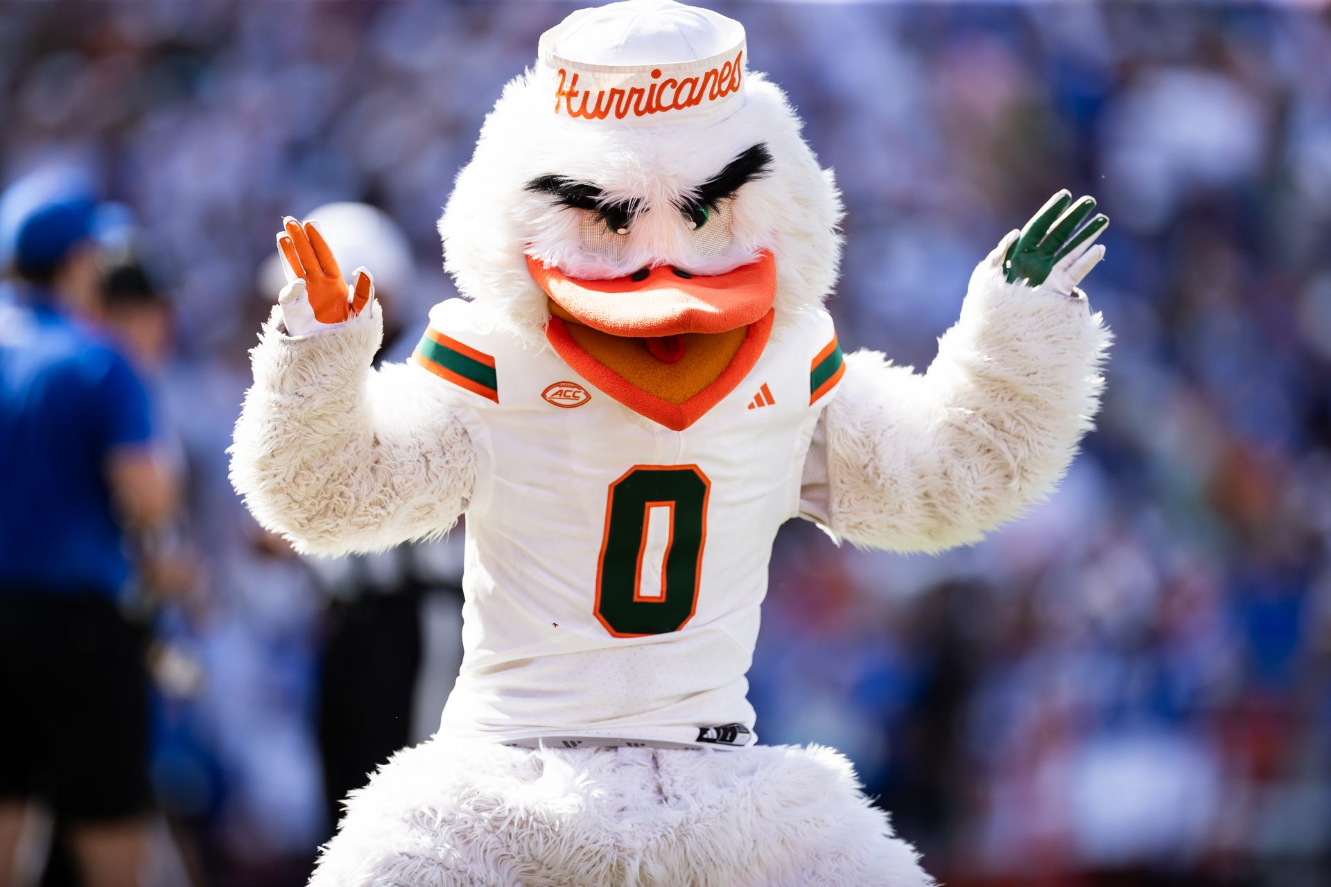 The Miami Hurricanes mascot performs during a timeout against the Florida Gators during the first half at Ben Hill Griffin Stadium.
