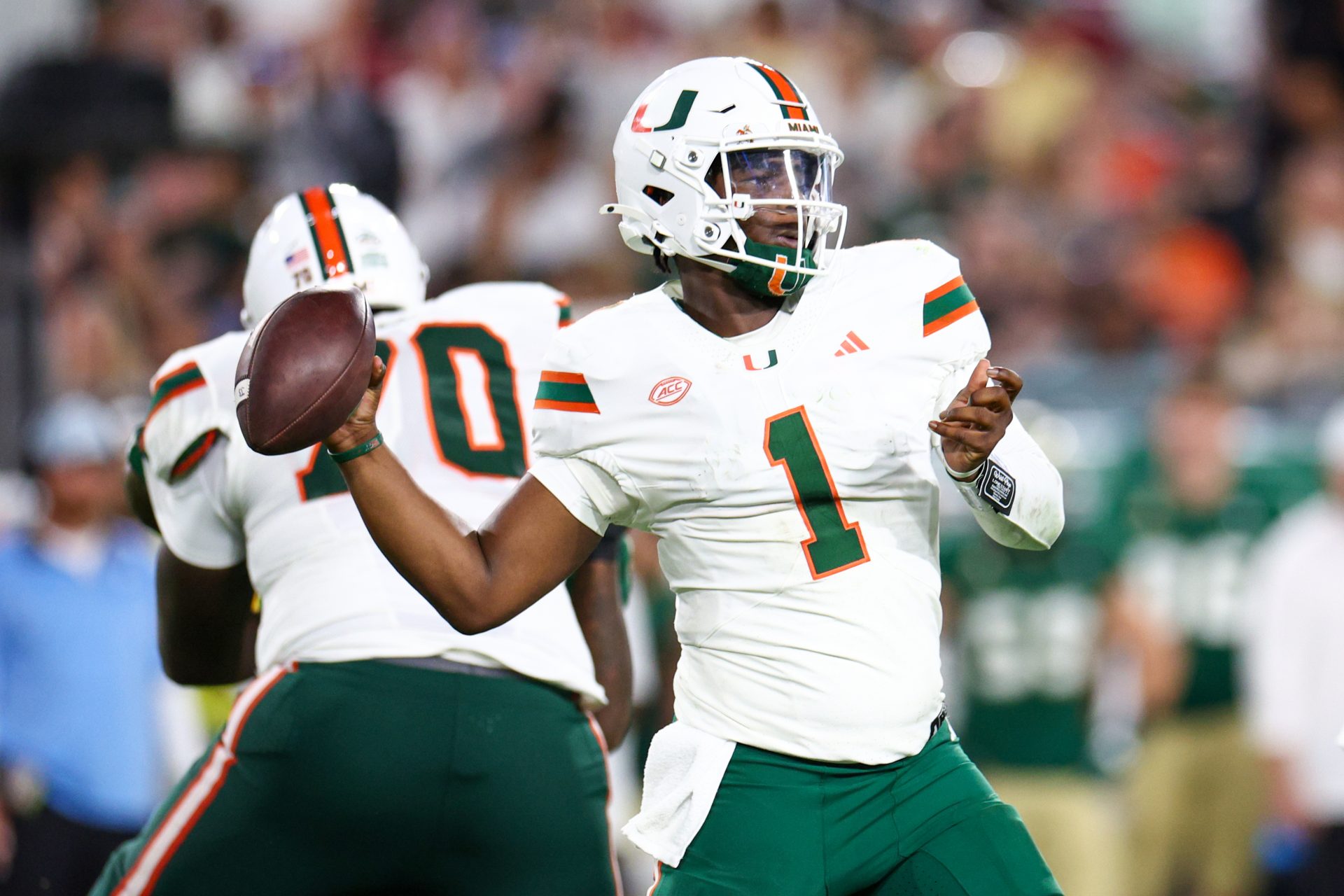 Miami Hurricanes quarterback Cam Ward (1) throws a pass against the South Florida Bulls in the third quarter at Raymond James Stadium.