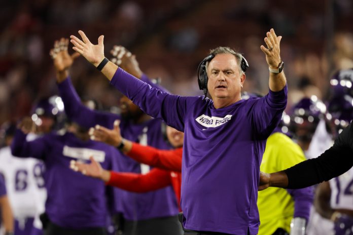 TCU Horned Frogs head coach Sonny Dykes reacts after a call during the second half against the Stanford Cardinal at Stanford Stadium.