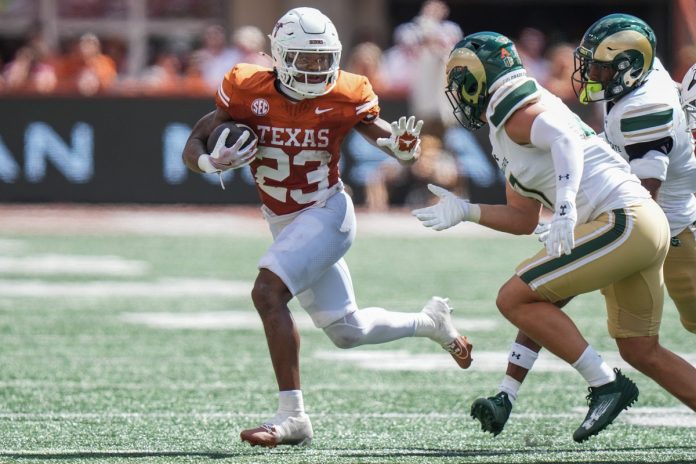 Texas Longhorns running back Jaydon Blue (23) runs with the ball as the Texas Longhorns take on Colorado State at Darrell K Royal-Texas Memorial Stadium in Austin.