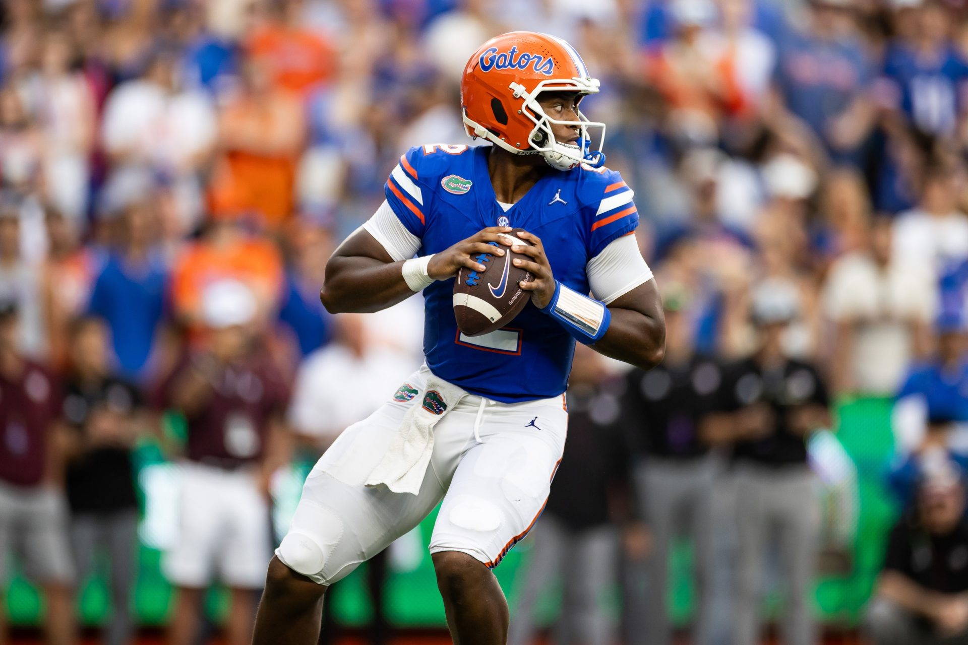 Florida Gators quarterback DJ Lagway (2) looks to throw against the Texas A&M Aggies during the first half at Ben Hill Griffin Stadium.