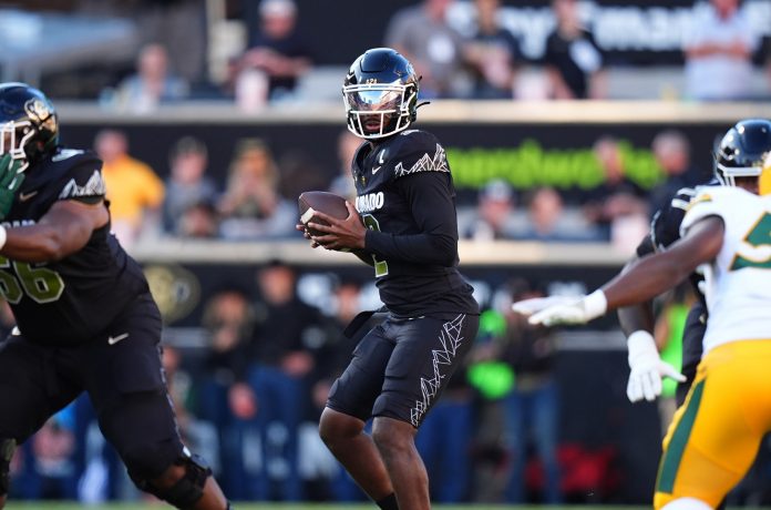 Colorado Buffaloes quarterback Shedeur Sanders (2) prepares to pass the ball in the first quarter against the North Dakota State Bison at Folsom Field.