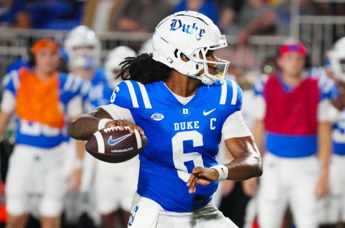 Duke Blue Devils quarterback Maalik Murphy (6) goes to throw the ball against the Elon Phoenix during the second half at Wallace Wade Stadium.