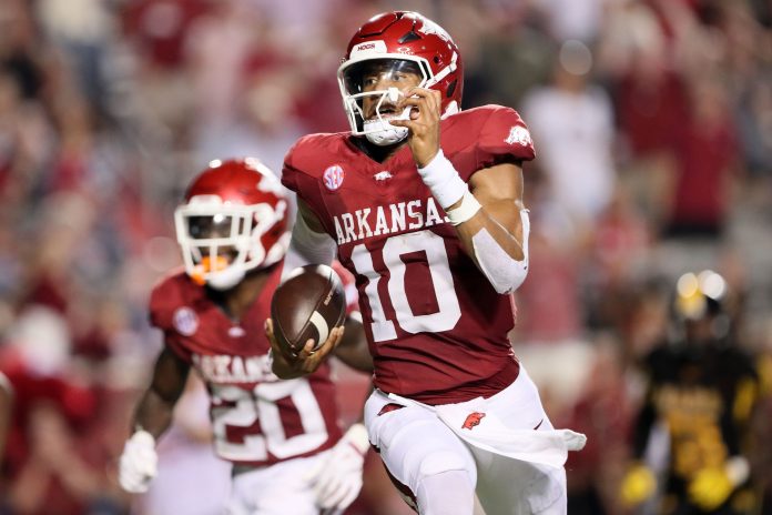 Arkansas Razorbacks quarterback Taylen Green (10) rushes for a touchdown in the second quarter against the Pine Bluff Golden Lions at War Memorial Stadium. Mandatory Credit: Nelson Chenault-USA TODAY Sports