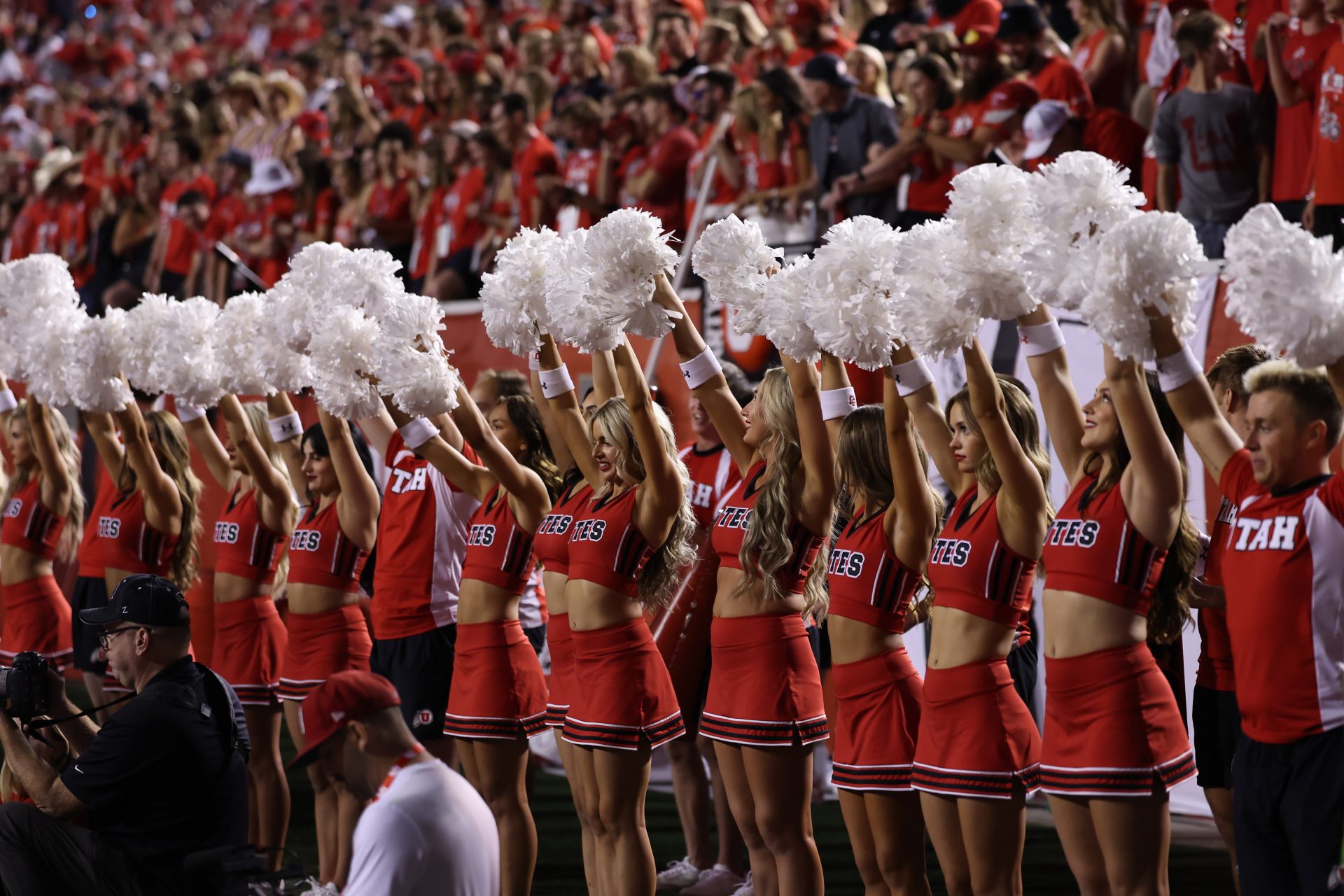 Aug 29, 2024; Salt Lake City, Utah, USA; The Utah Utes cheerleaders react to a play against the Southern Utah Thunderbirds during the fourth quarter at Rice-Eccles Stadium. Mandatory Credit: Rob Gray-USA TODAY Sports