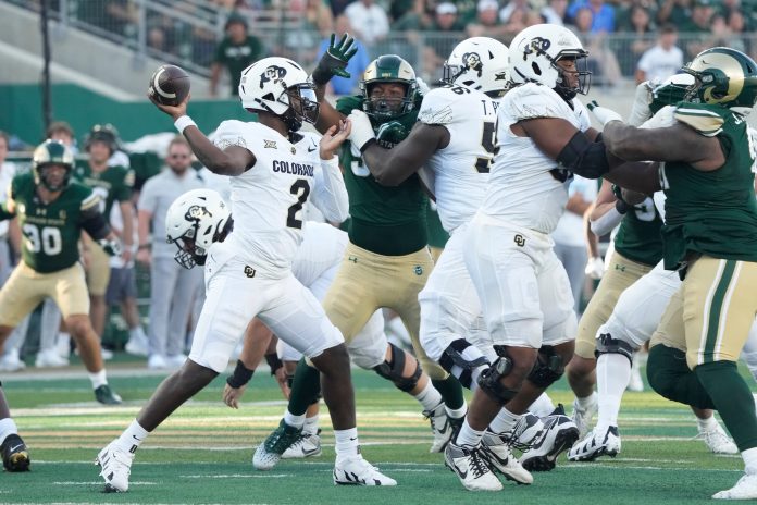 Colorado Buffaloes quarterback Shedeur Sanders (2) shows a pass at Sonny Lubick Field at Canvas Stadium