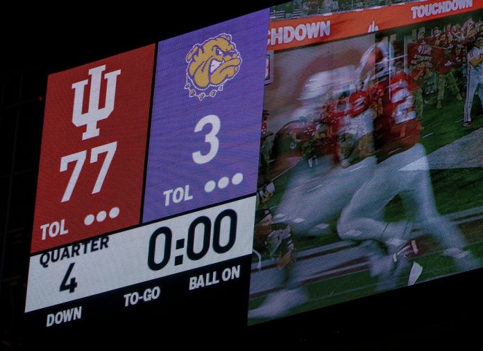 The final score up on the scoreboard after the Indiana versus Western Illinois football game at Memorial Stadium on Friday, Sept. 6, 2024.