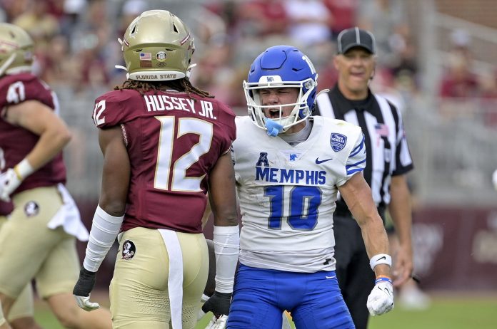 Memphis Tigers wide receiver Koby Drake (10) celebrates after a big play against the Florida State Seminoles during the first half at Doak S. Campbell Stadium. Mandatory Credit: Melina Myers-Imagn Images