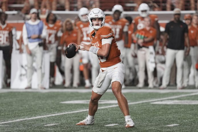 Where did Texas Longhorns quarterback Arch Manning play high school football, and how did he become the starter for Steve Sarkisian’s squad?